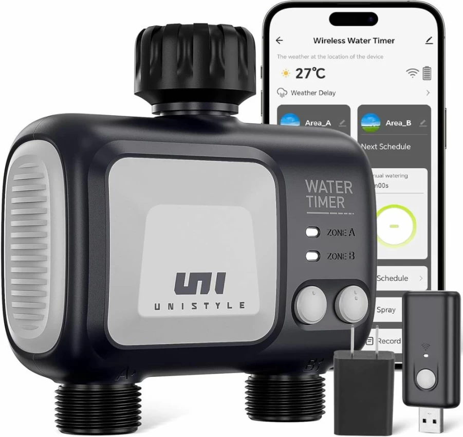 Unistyle Smart WiFi Sprinkler Timer - 2 Zone Outdoor Irrigation Controller with Rain Delay, Auto/Manual Modes for Lawns, Gardens & Patios