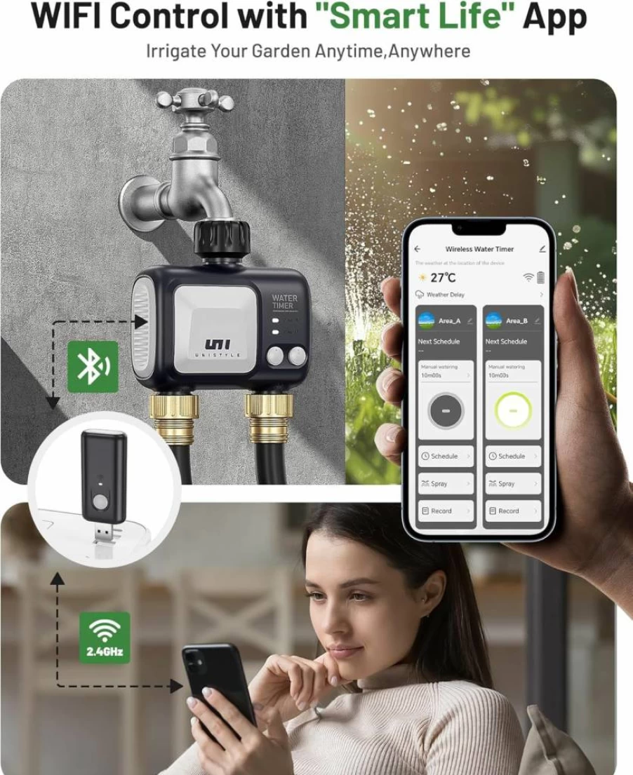 Unistyle Smart WiFi Sprinkler Timer - 2 Zone Outdoor Irrigation Controller with Rain Delay, Auto/Manual Modes for Lawns, Gardens & Patios