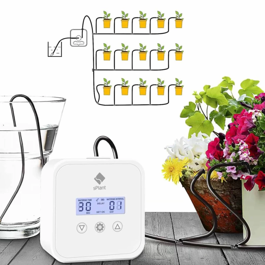 sPlant Upgraded LCD Automatic Drip Irrigation Kit - Digital Programmable Self-Watering System for 15 Indoor Plants, Vacation House Plant Waterer with Pump