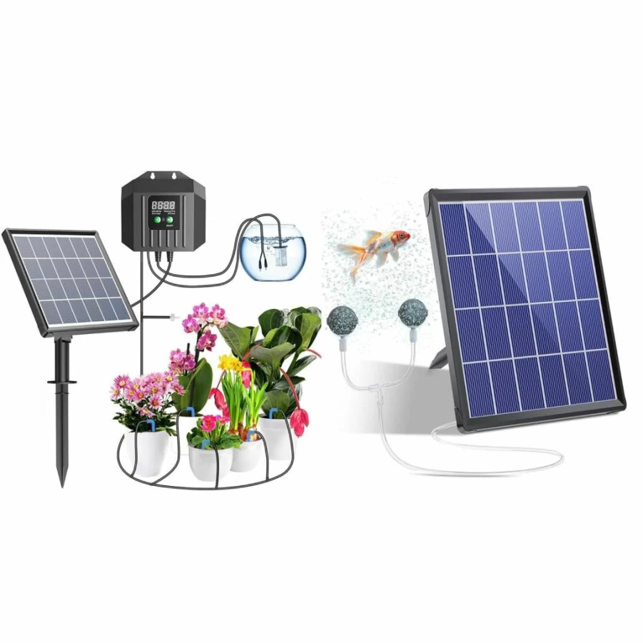 Biling 3W Solar Powered Drip Irrigation System & Pond Aerator with Battery Backup for Gardens, Small Ponds – Outdoor Water Pump Kit