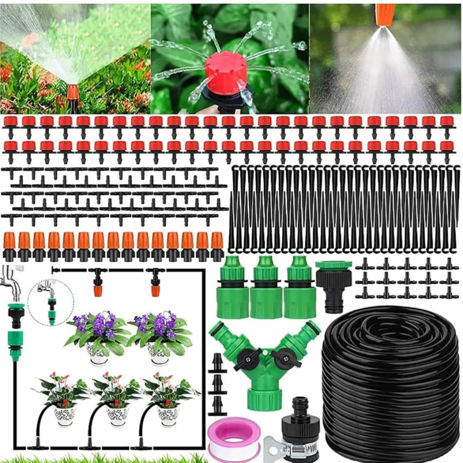 201-Piece Micro Drip Irrigation System Kit – 50M/165FT Adjustable Nozzle DIY Garden Watering Set for Greenhouse, Lawn, Patio, Terrace & Potted Plants
