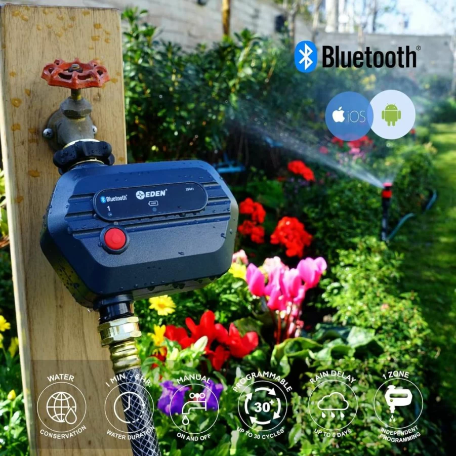 Eden 93443 4-Zone Smart Bluetooth Water Timer with Stainless Steel Washers, Charcoal Gray - Automatic Irrigation Controller for Garden & Lawn
