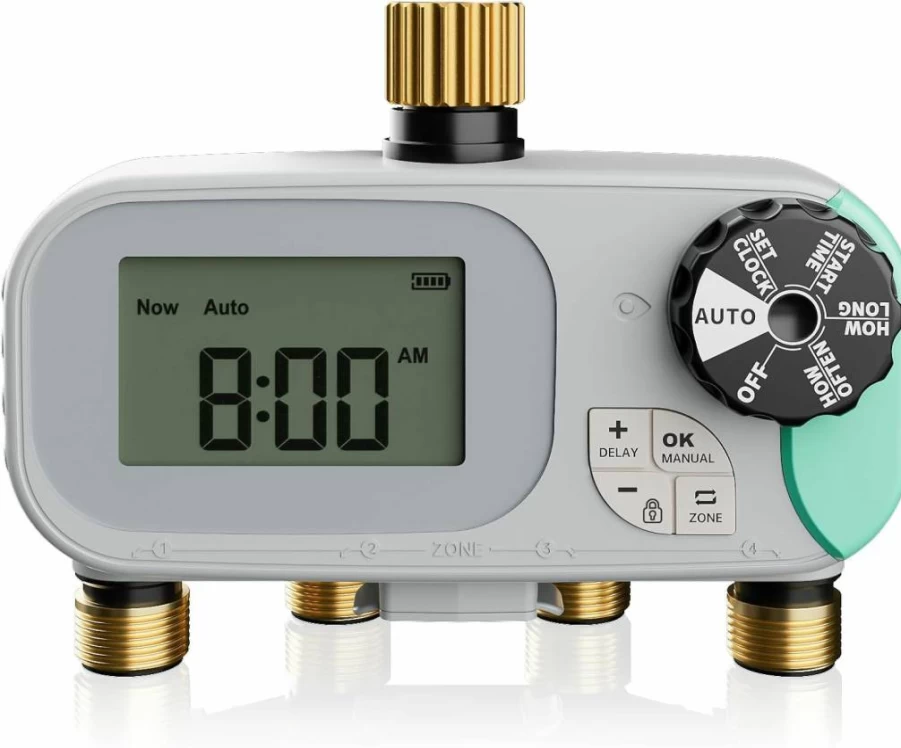 QUOBAS Smart 4-Zone Garden Hose Timer with Rain Delay, Manual & Automatic Modes, Programmable Sprinkler System for Lawn, Yard, Pool, and Outdoor Irrigation