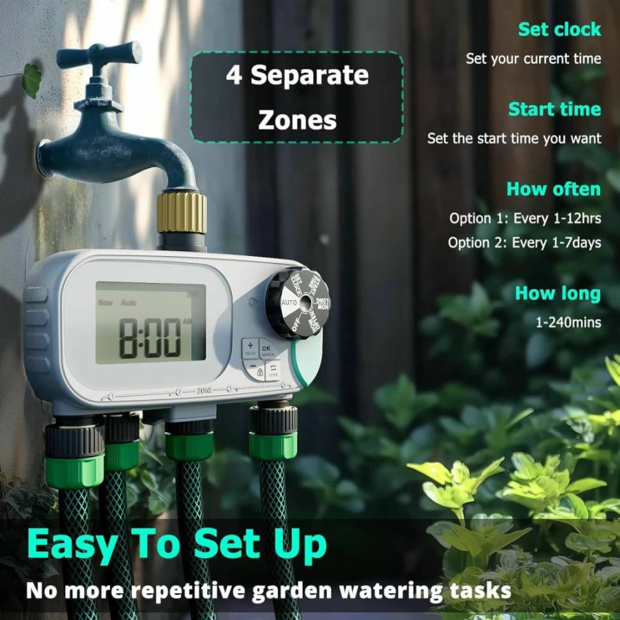 QUOBAS Smart 4-Zone Garden Hose Timer with Rain Delay, Manual & Automatic Modes, Programmable Sprinkler System for Lawn, Yard, Pool, and Outdoor Irrigation