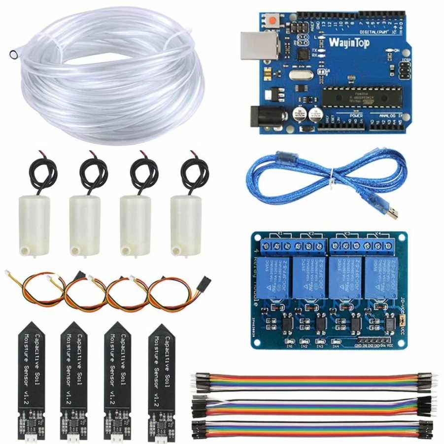 WayinTop Automatic Plant Watering System Kit with Soil Moisture Sensors, 4 Channel Relay, 4 Water Pumps, 5M Tubing for DIY Garden Irrigation