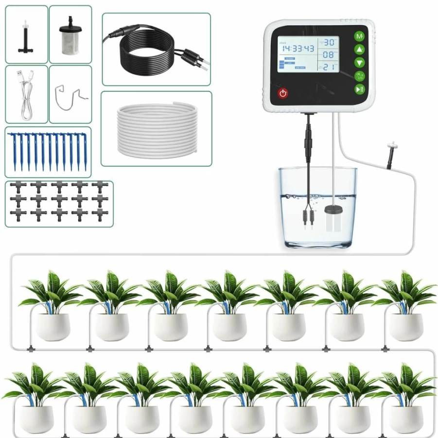 PChero Automatic Indoor Plant Watering System with Timer, USB Charging, Buzzer & Sensor for 15 Potted Plants - Self Watering Device for Vacation Care