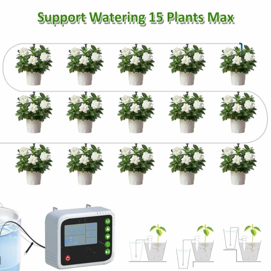 PChero Automatic Indoor Plant Watering System with Timer, USB Charging, Buzzer & Sensor for 15 Potted Plants - Self Watering Device for Vacation Care