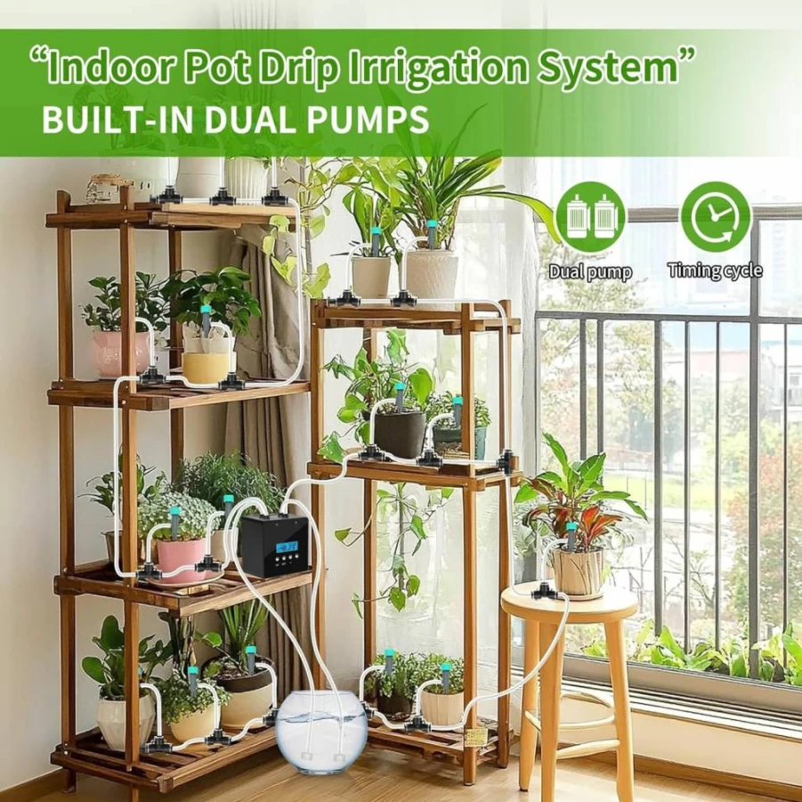 DAOTAILI Automatic Plant Watering System - Dual Pump Smart Timer for 20 Pots, USB-C Charging, Indoor & Balcony Garden Irrigation (30-Day Capacity)