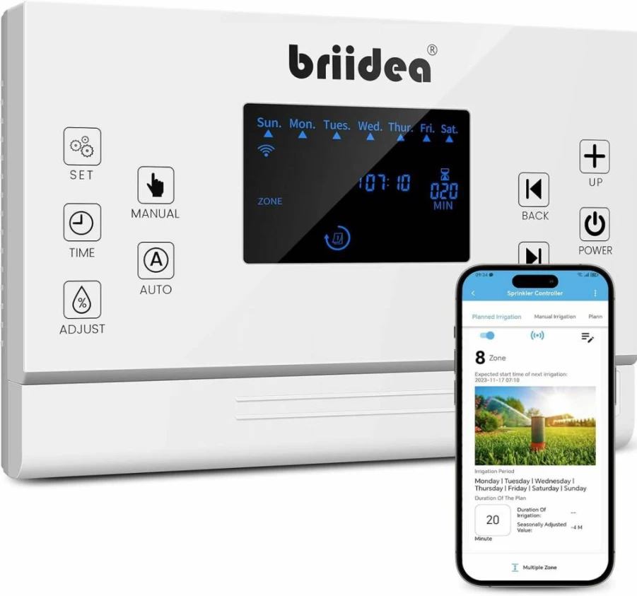 Briidea 8-Zone Smart WiFi Sprinkler Controller - Automatic Irrigation System with Custom Scheduling, Seasonal Adjust & Water Saving for Healthy Plants