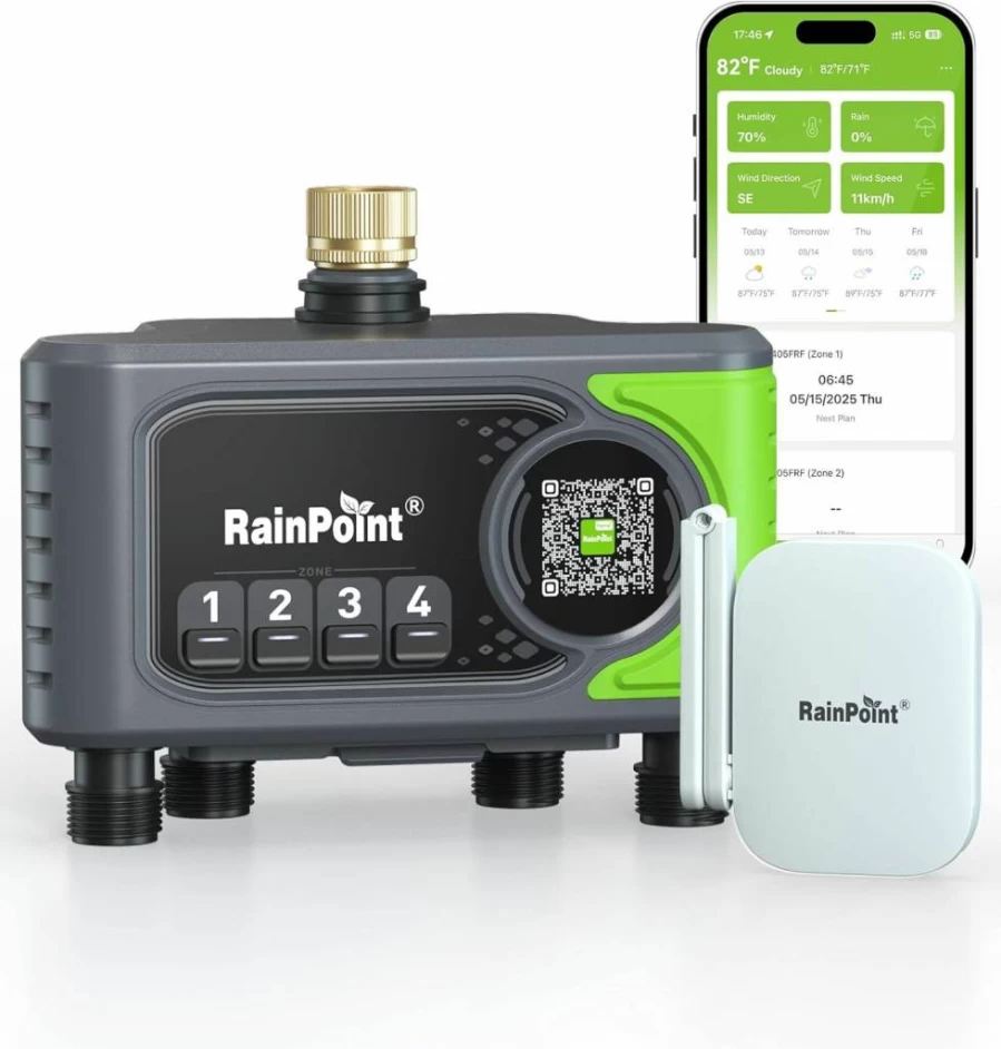RAINPOINT Smart WiFi Sprinkler Timer 4-Zone Outdoor, Garden Hose Water Timer with Brass Inlet, App & Voice Control, Automatic Irrigation System for Lawn