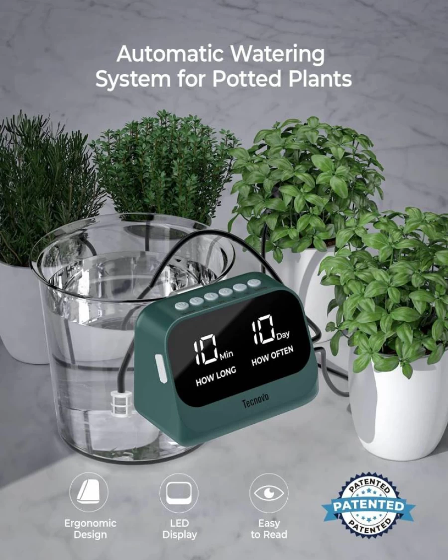 TECNOVO Smart Drip Irrigation Kit for Potted Plants - Automatic Watering System with Timer, Waterproof LED Display & Long-Lasting Battery
