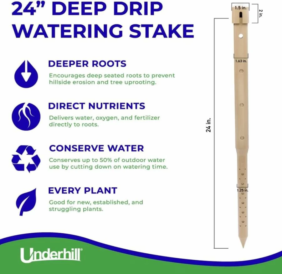 Underhill 36-Inch Deep Drip Irrigation Stakes (Case of 4) - Watering Spikes for Palm Trees, Deep Rooted Plants, and Drip System Tubes - A-DD36 Model