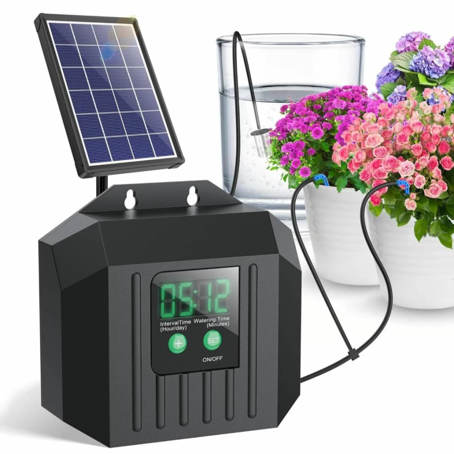 Biling 4W Solar Powered Drip Irrigation System with Digital Timer, 2200mAh Battery for Indoor & Outdoor Potted Plants - Smart Watering Solution for Garden