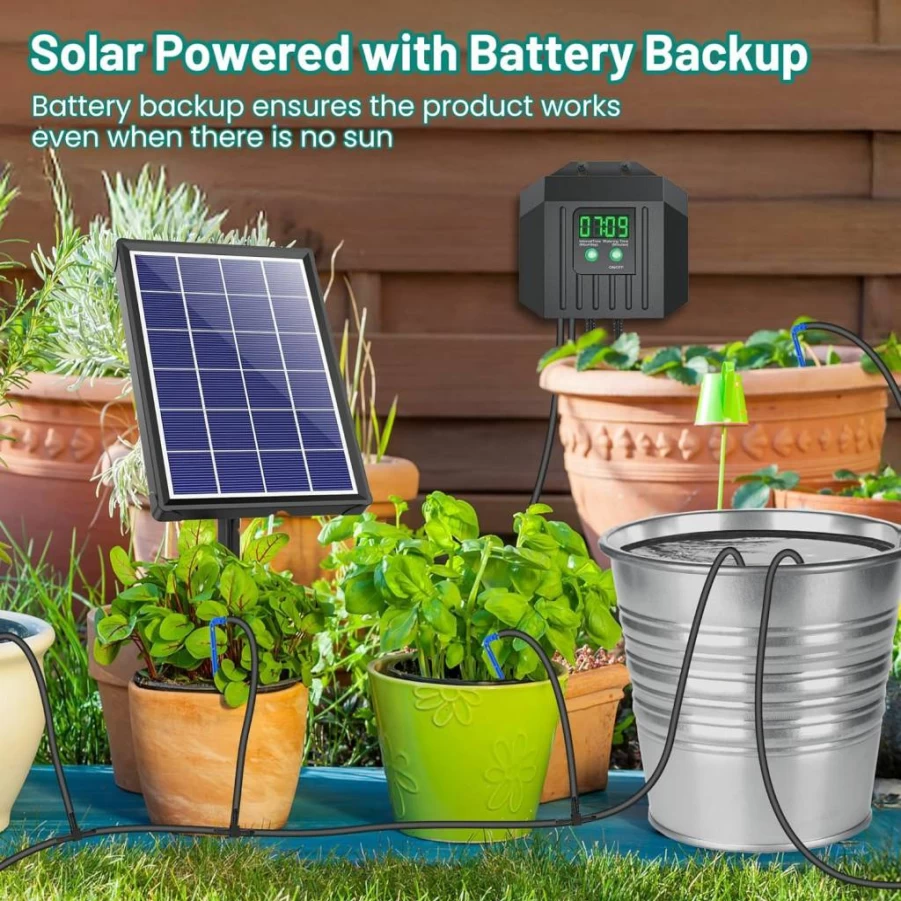 Biling 4W Solar Powered Drip Irrigation System with Digital Timer, 2200mAh Battery for Indoor & Outdoor Potted Plants - Smart Watering Solution for Garden