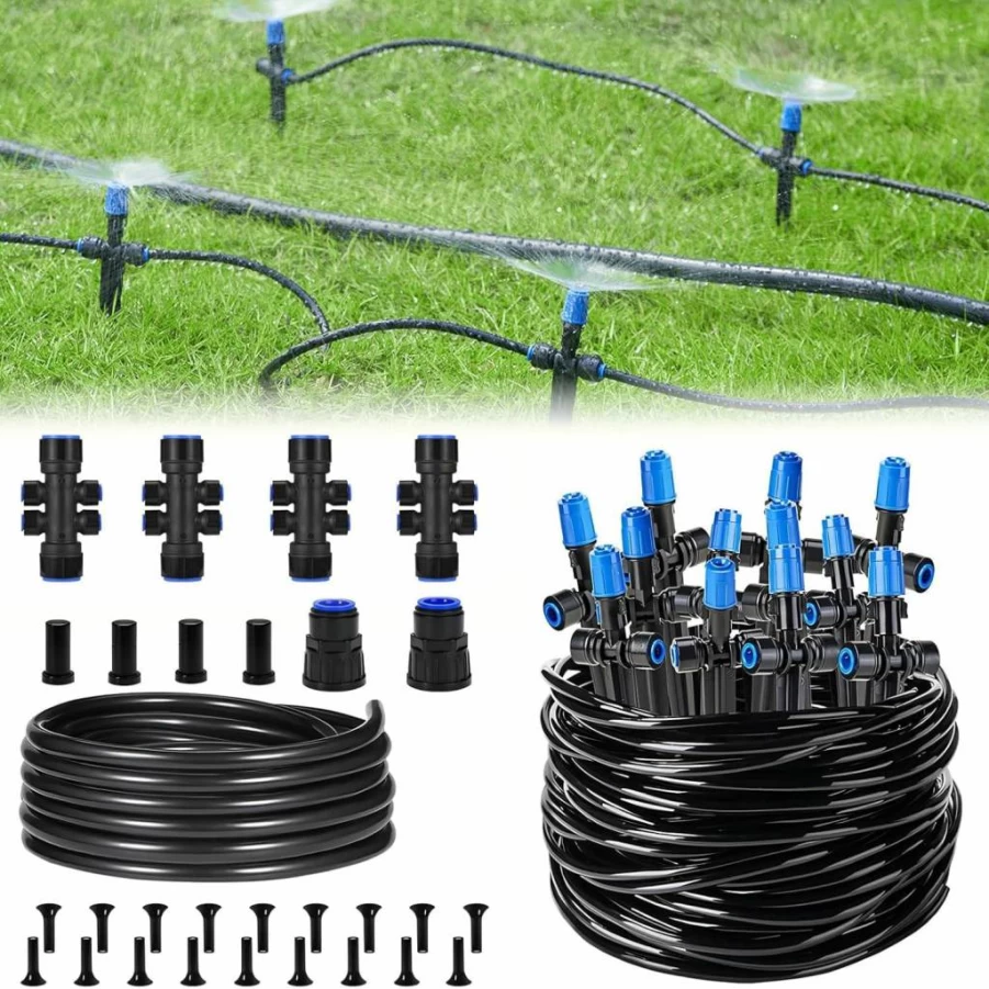 HIRALIY 50Ft Drip Irrigation Kit with Adjustable Fan-Sprinklers, Water-Saving Automatic Garden Watering System for Raised Beds, Vegetables, and Plants