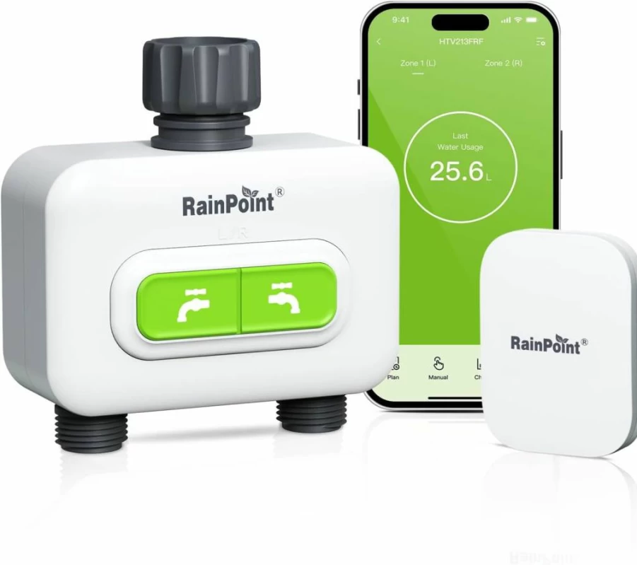 RAINPOINT Smart WiFi Water Timer for Garden - 2-Zone Wireless Irrigation System with Hub, Remote App Control, Rain Delay, Automatic Scheduling for Lawn, Yard, and Outdoor Faucets