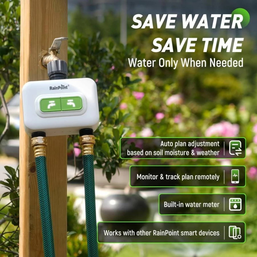 RAINPOINT Smart WiFi Water Timer for Garden - 2-Zone Wireless Irrigation System with Hub, Remote App Control, Rain Delay, Automatic Scheduling for Lawn, Yard, and Outdoor Faucets
