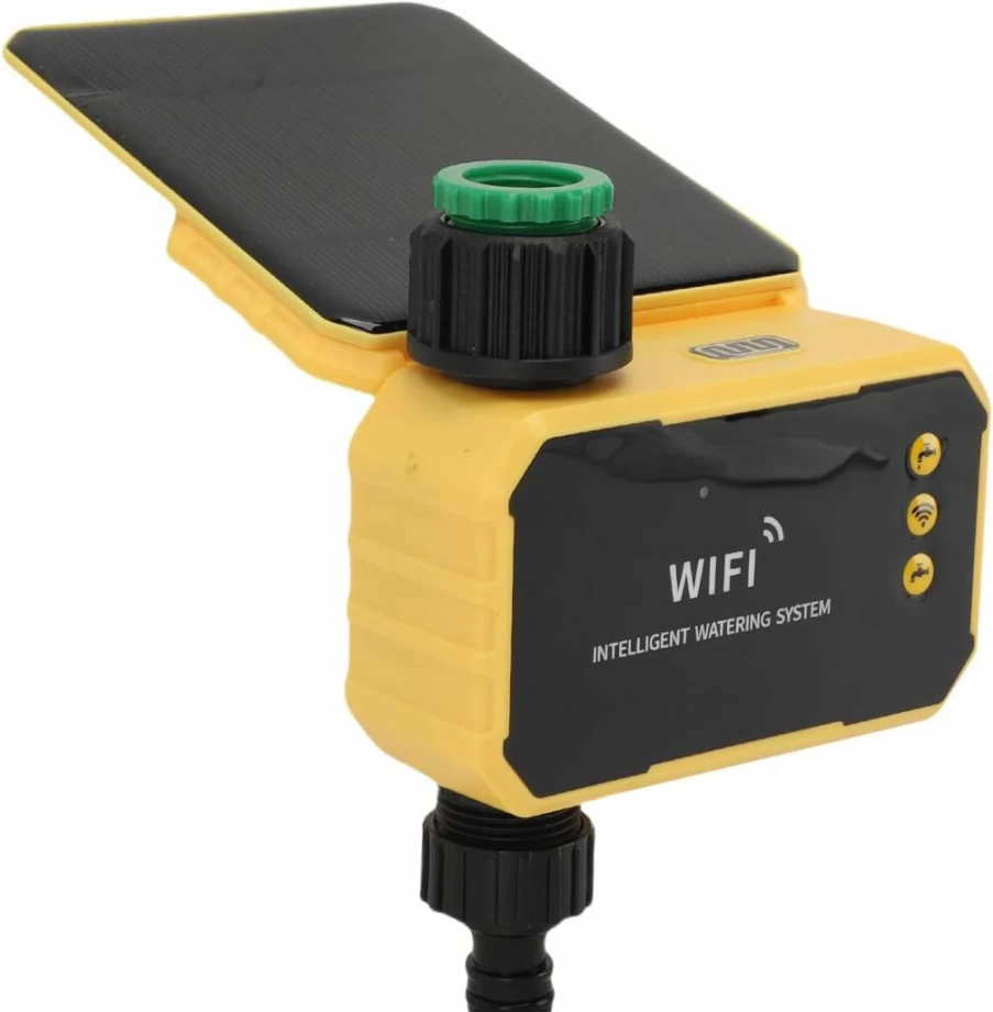 Luqeeg Smart WiFi Water Timer with Solar Panel, Remote Control Irrigation System for Lawn, Programmable Hose Sprinkler Timer