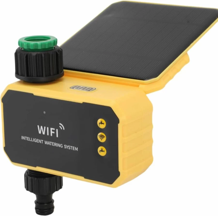 Luqeeg Smart WiFi Water Timer with Solar Panel, Remote Control Irrigation System for Lawn, Programmable Hose Sprinkler Timer