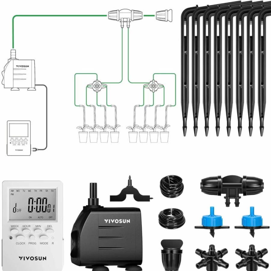 VIVOSUN 15W Automatic Drip Irrigation Kit with Pump, Timer, Regulator & 8 Emitters - Indoor Outdoor Plant Watering System for Professional Growers
