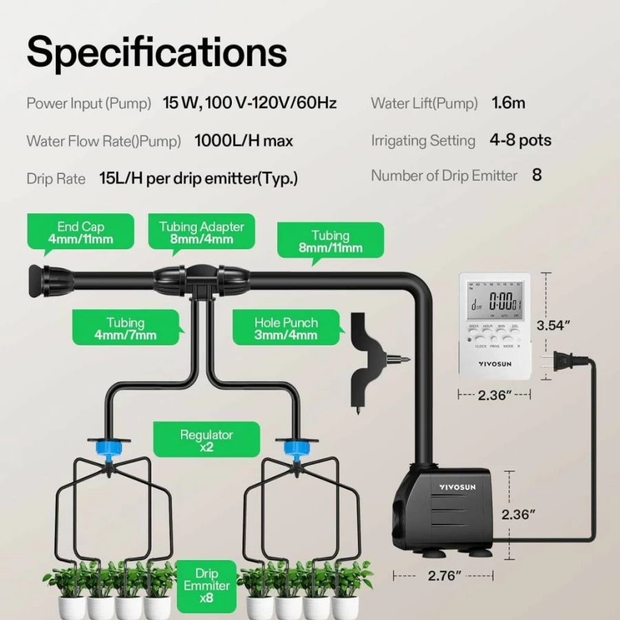 VIVOSUN 15W Automatic Drip Irrigation Kit with Pump, Timer, Regulator & 8 Emitters - Indoor Outdoor Plant Watering System for Professional Growers