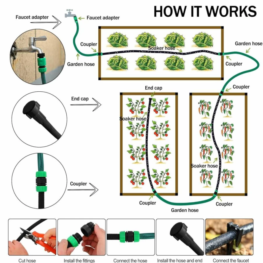 Oscorna 75Ft Customizable Soaker Hose System - 1/2Inch Drip Irrigation Kit with 50Ft PVC Garden Hose & Reinforced Fittings for Lawn, Flower Beds, Vegetables, and Trees
