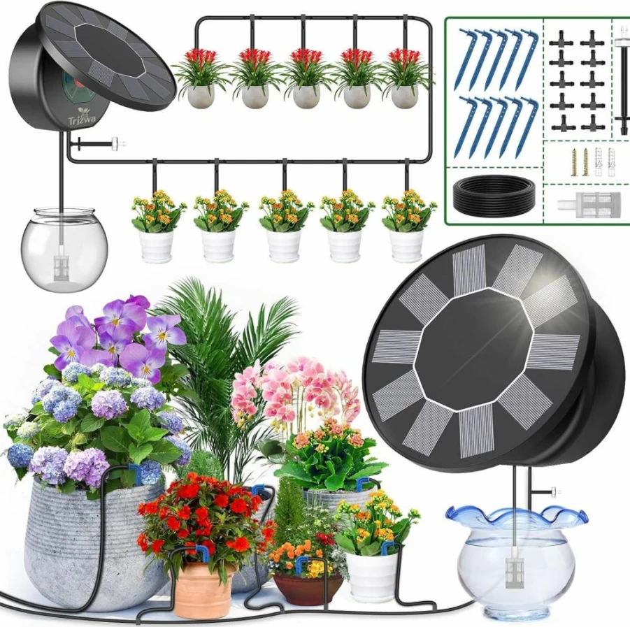 TRJZWA Solar-Powered Automatic Drip Irrigation Kit - 9 Timer Modes DIY Garden Watering System for Indoor/Outdoor Plants, Balcony & Patio