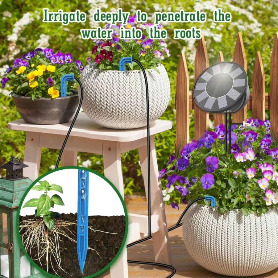 TRJZWA Solar-Powered Automatic Drip Irrigation Kit - 9 Timer Modes DIY Garden Watering System for Indoor/Outdoor Plants, Balcony & Patio