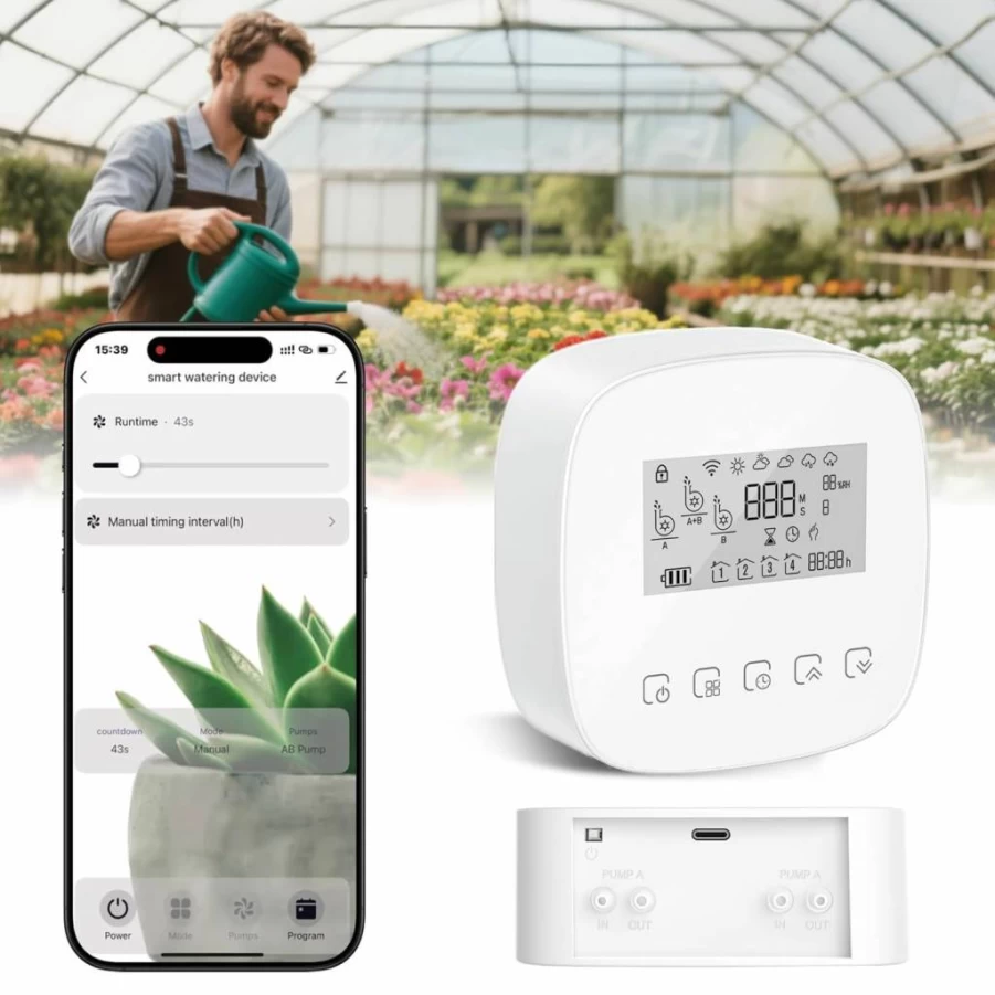 WEILAILANTIAN Automatic Drip Irrigation System with Programmable Timer, 2 Zone Watering Pumps, 20 Adjustable Drippers, 35FT Tubing for Lawn, Greenhouse, Garden