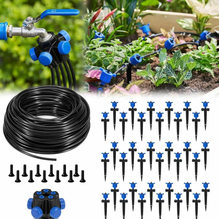 HIRALIY 50Ft Drip Irrigation Kit with 12 Pressure Compensating Drippers, 5-Way Connector & Quick Fit Adapters for Efficient Garden Watering System