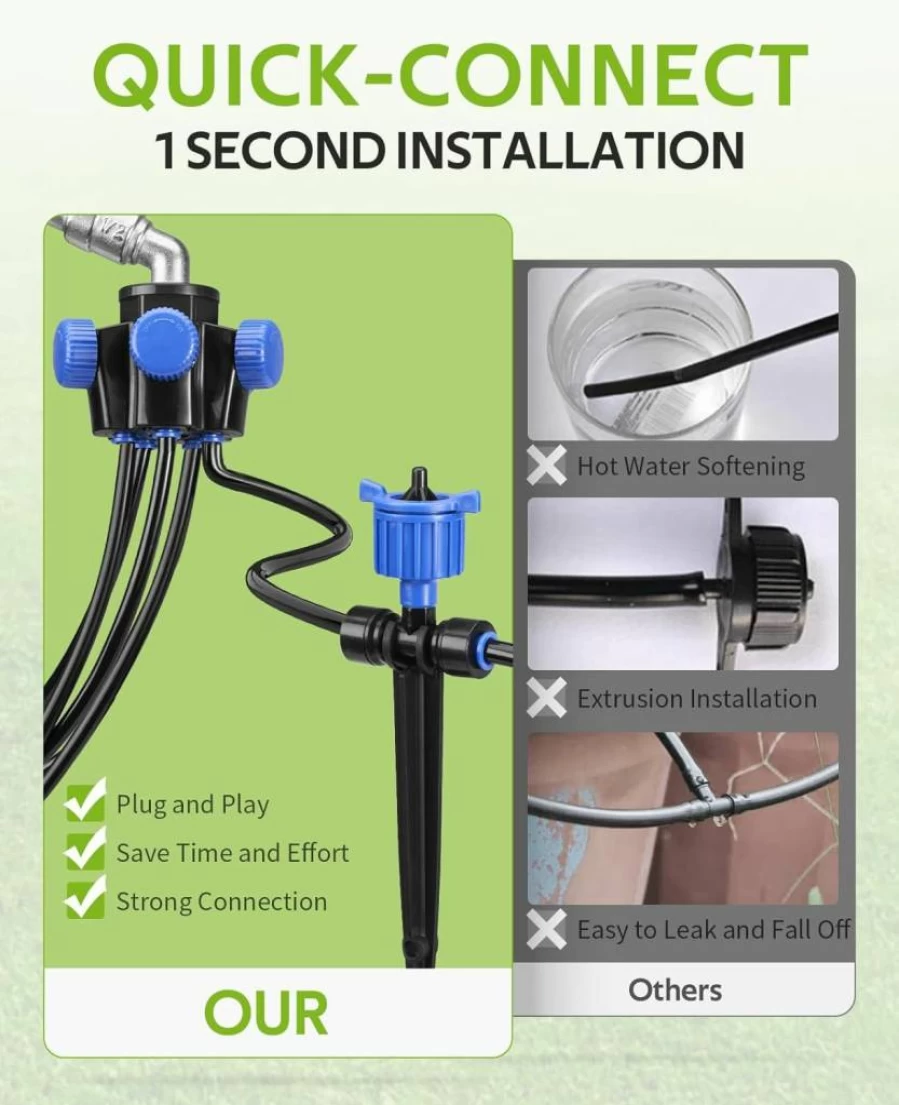 HIRALIY 50Ft Drip Irrigation Kit with 12 Pressure Compensating Drippers, 5-Way Connector & Quick Fit Adapters for Efficient Garden Watering System