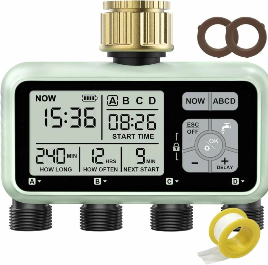 Johgee 4-Zone Programmable Watering Timer with Brass Inlet, Rain Delay & Automatic Irrigation System for Garden, Outdoor Hose Faucet Sprinkler Timer