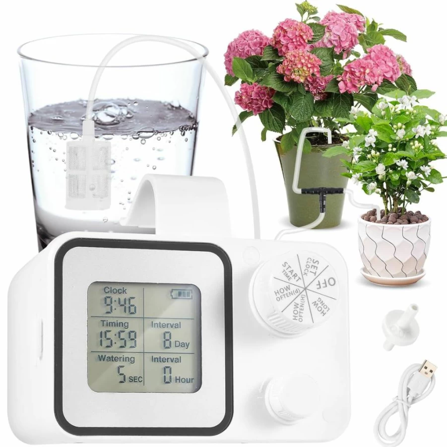 Ofloton Automatic Drip Irrigation Kit with Digital Timer - Indoor Watering System for 15 Potted Plants, Programmable Houseplant Support