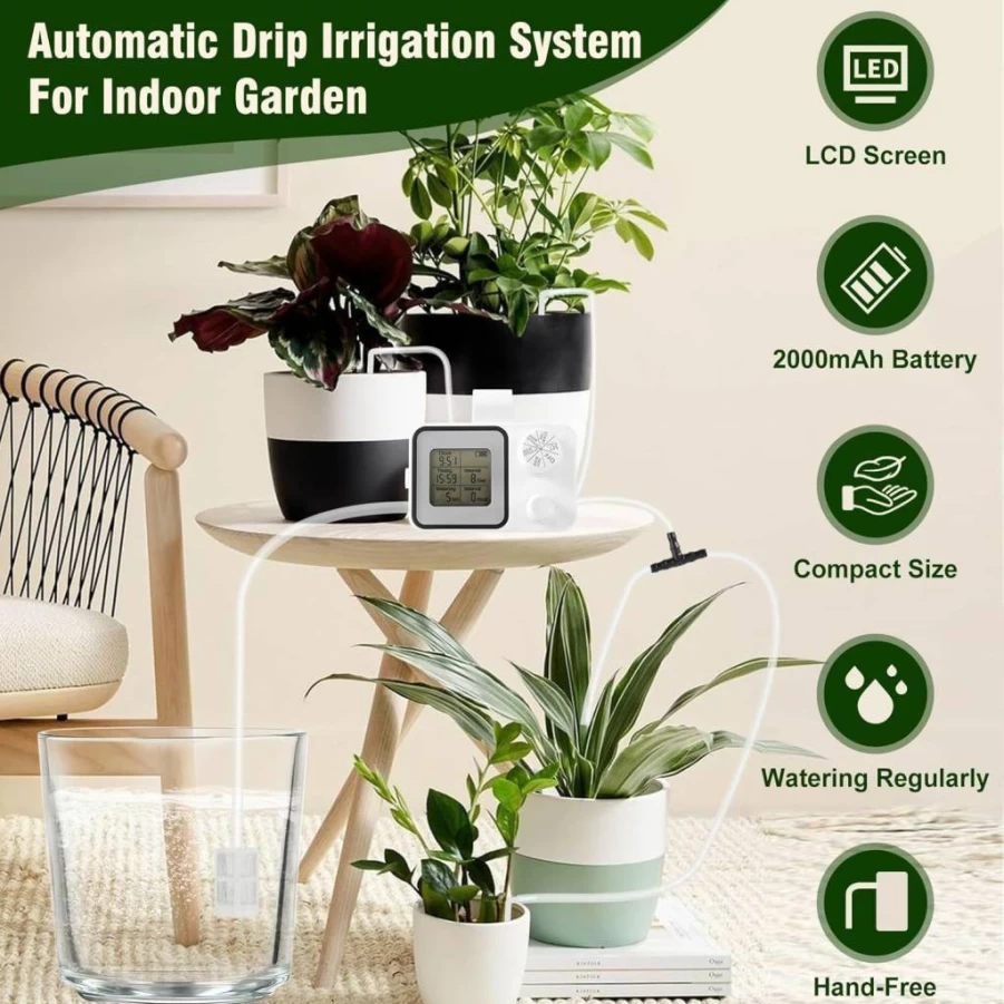 Ofloton Automatic Drip Irrigation Kit with Digital Timer - Indoor Watering System for 15 Potted Plants, Programmable Houseplant Support