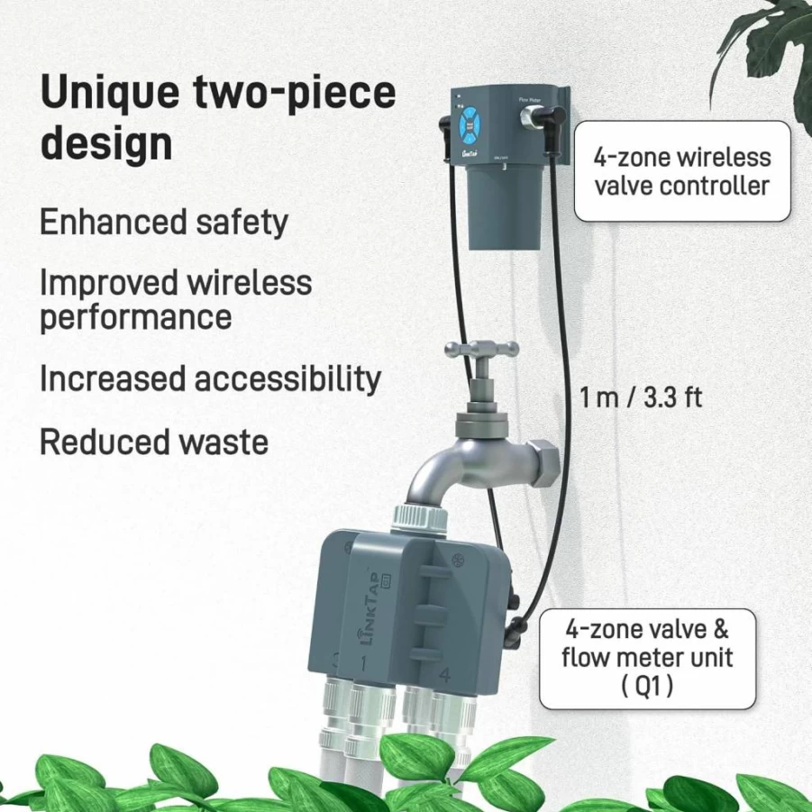 LinkTap Q1 Smart Water Timer with 4-Zone Wireless Control, Built-In Flow Meters, Easy Installation, 2-Year Warranty for Garden Irrigation