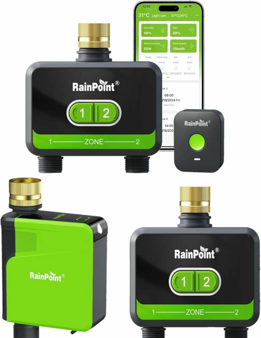 RAINPOINT Smart WiFi Sprinkler Timer with Brass Connector, 2-Zone Automatic Water Irrigation Controller for Garden Hose, Lawn, and Yard