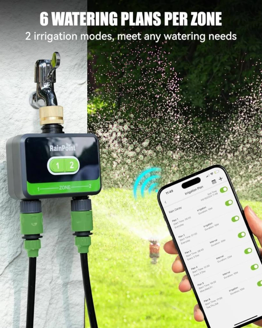 RAINPOINT Smart WiFi Sprinkler Timer with Brass Connector, 2-Zone Automatic Water Irrigation Controller for Garden Hose, Lawn, and Yard