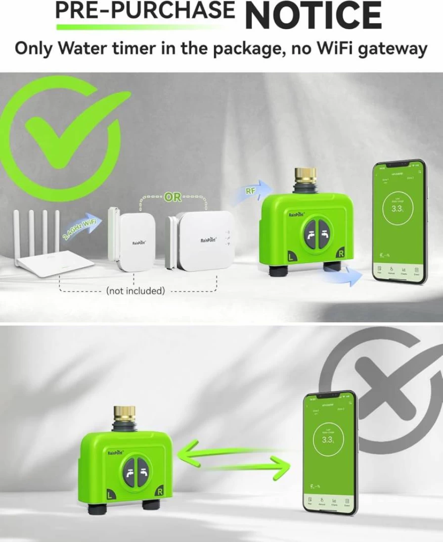 RAINPOINT Smart WiFi Hose Timer - 2-Zone Sprinkler Controller with Weather-Based Watering, Remote App Control, Gateway & Antenna for Lawn, Garden, Yard