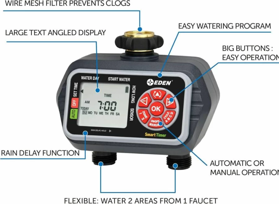 Eden 93413 4-Zone Smart Irrigation Timer with Wireless Soil Moisture Sensor - Programmable Water Timer for Garden & Lawn