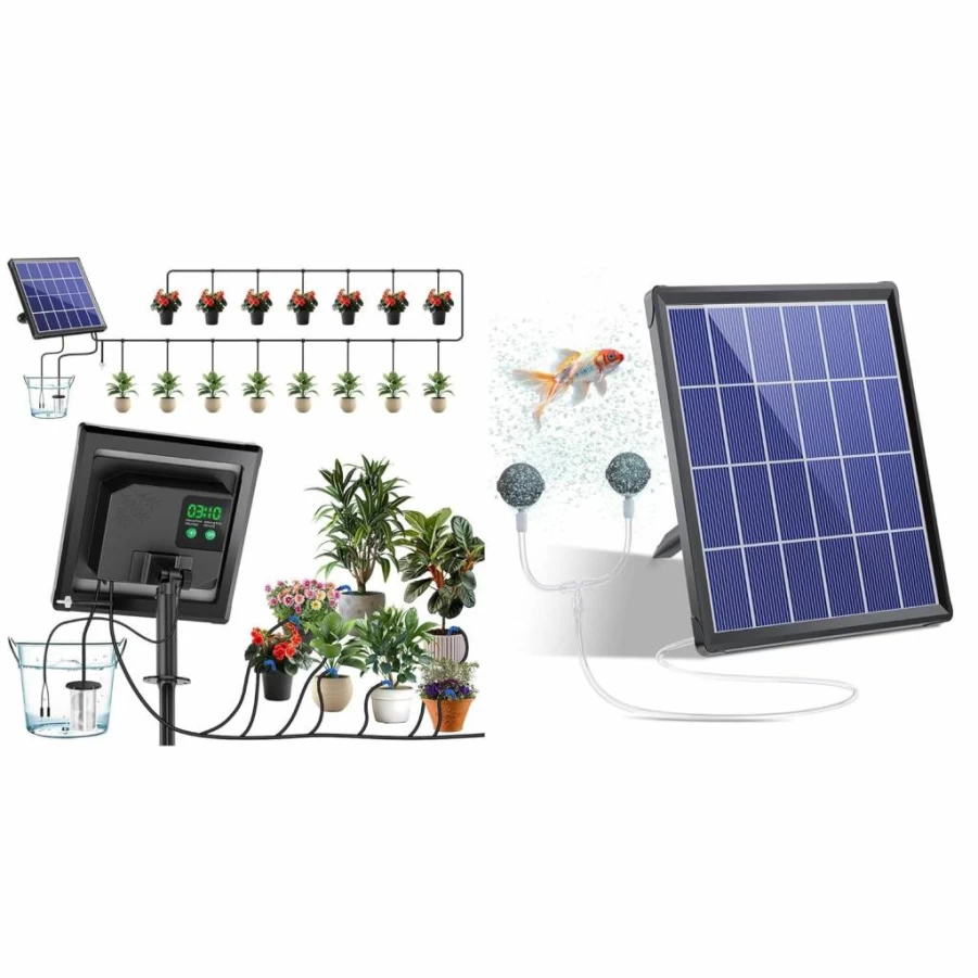 Biling 3W Solar Powered Drip Irrigation System & Pond Aerator with Battery Backup for Gardens, Bird Baths, and Small Outdoor Ponds