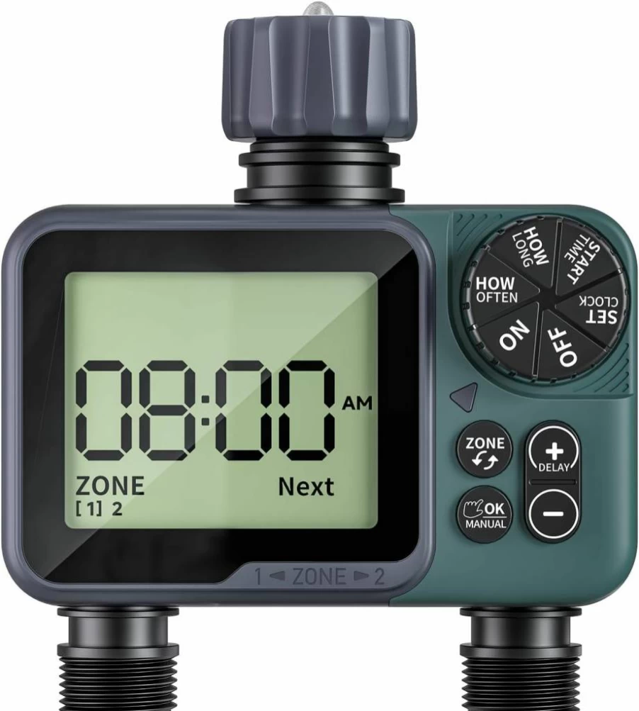 Rvwsx 2-Zone Programmable Garden Hose Timer with Rain Delay, Automatic Irrigation Controller for Lawn, Yard & Pool – Waterproof Outdoor Sprinkler System