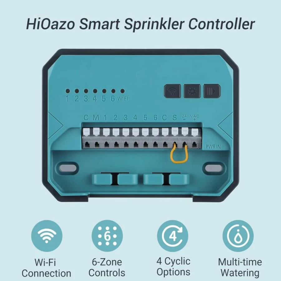 HiOazo Smart WiFi Sprinkler Controller 6 Zone, Indoor Irrigation System with Mobile App, Rain Sensor Support, Auto/Manual Watering, Seasonal Adjustment (Ho-Sc-6W)