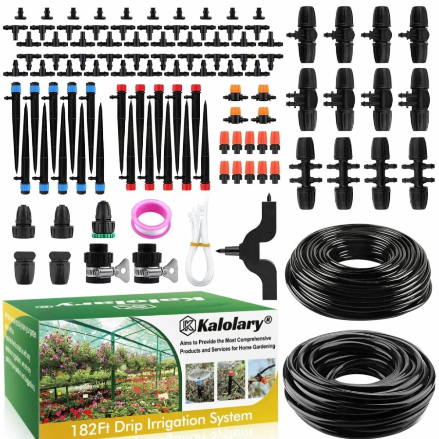 Kalolary 207Ft Automatic Drip Irrigation Kit with Adjustable 1/4" 1/2" Tubing, 4/7mm 16mm Drip Emitters, and Locked Fittings for Greenhouse, Raised Beds, and Garden Watering System