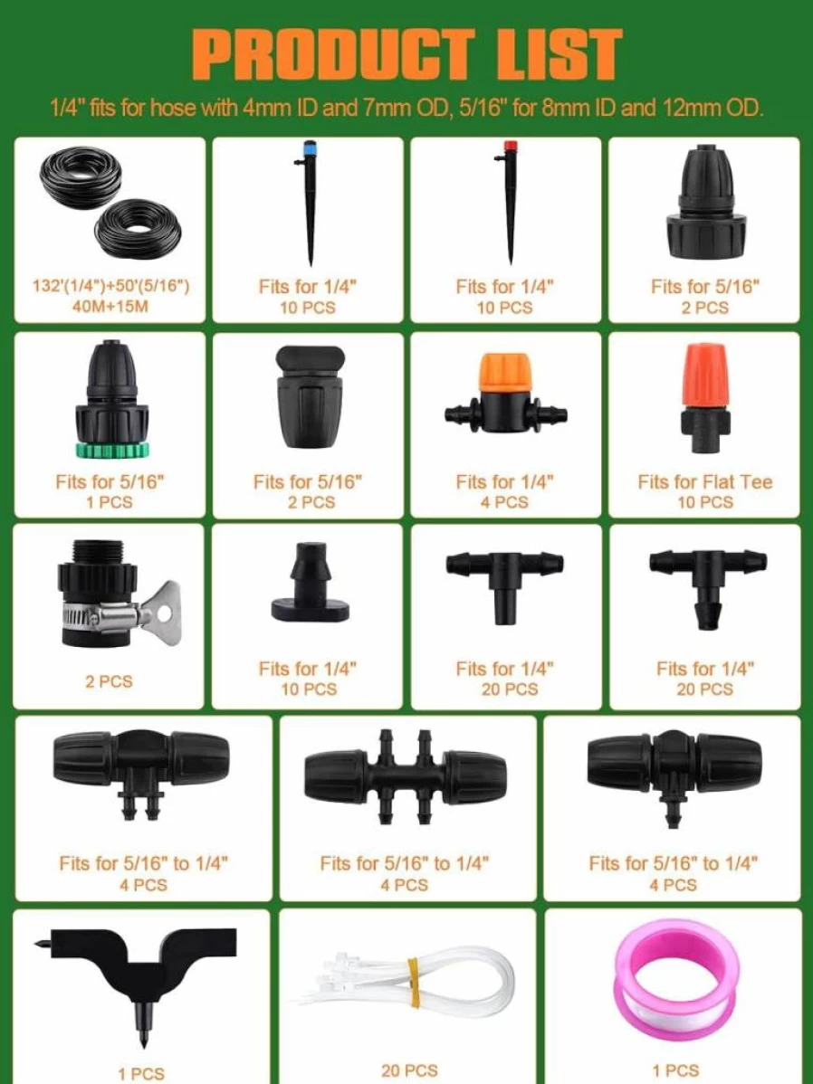 Kalolary 207Ft Automatic Drip Irrigation Kit with Adjustable 1/4" 1/2" Tubing, 4/7mm 16mm Drip Emitters, and Locked Fittings for Greenhouse, Raised Beds, and Garden Watering System
