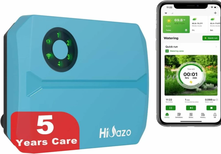 HiOazo Smart WiFi Sprinkler Controller - 4 Zone Irrigation System with App Control, Water Saving Auto Schedule, Weather Adapt (Rain/Freeze/Wind), Easy 10-Min Setup (Light Blue)