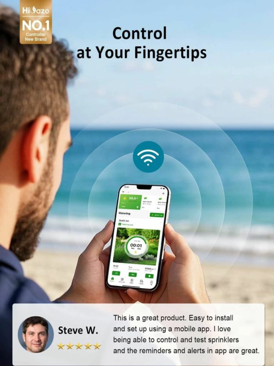 HiOazo Smart WiFi Sprinkler Controller - 4 Zone Irrigation System with App Control, Water Saving Auto Schedule, Weather Adapt (Rain/Freeze/Wind), Easy 10-Min Setup (Light Blue)
