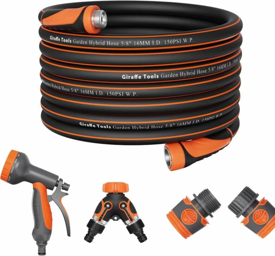 Giraffe Tools 100Ft Garden Hose with 10-Pattern Spray Nozzle, Quick Connects & Ground Spike for Lawn, Patio, Greenhouse, and Flower Bed Irrigation