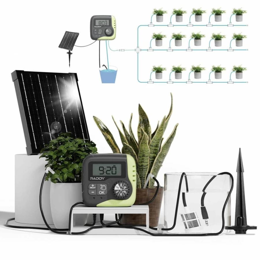 Raddy WS-1 5W Solar Powered Automatic Drip Irrigation Kit for 15 Pots - DIY Water Timer System for Balcony, Garden & Greenhouse Plants
