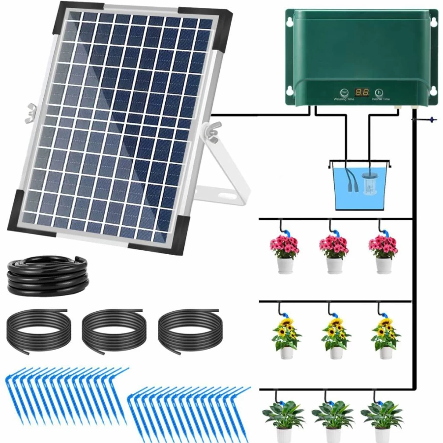 Lewisia 10W Solar-Powered Automatic Drip Irrigation System - 115FT Tubing for 30 Plants, Self-Watering Kit for Garden