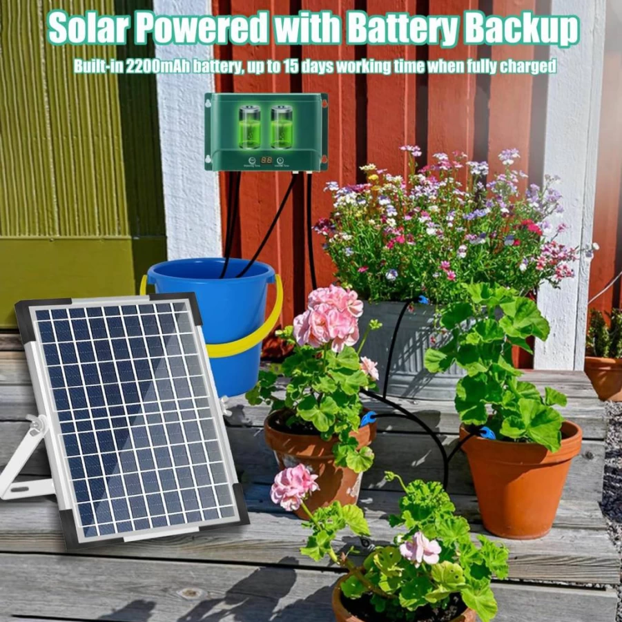 Lewisia 10W Solar-Powered Automatic Drip Irrigation System - 115FT Tubing for 30 Plants, Self-Watering Kit for Garden